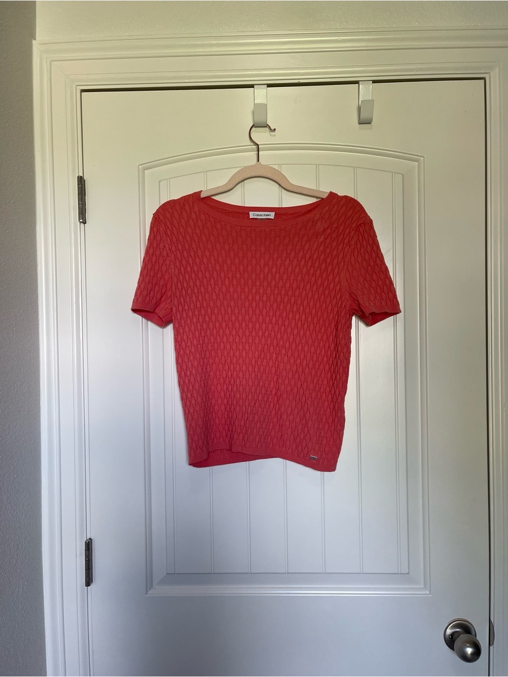 Calvin Klein Coral Short Sleeve Cable Knit Top